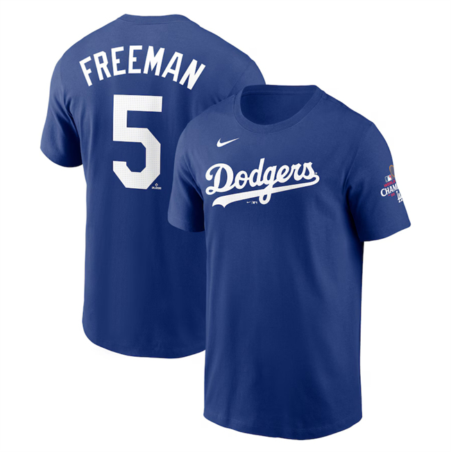 Men's Royal Los Angeles Dodgers #5 Freddie Freeman 2024 World Series Champions Name & Number T-Shirt